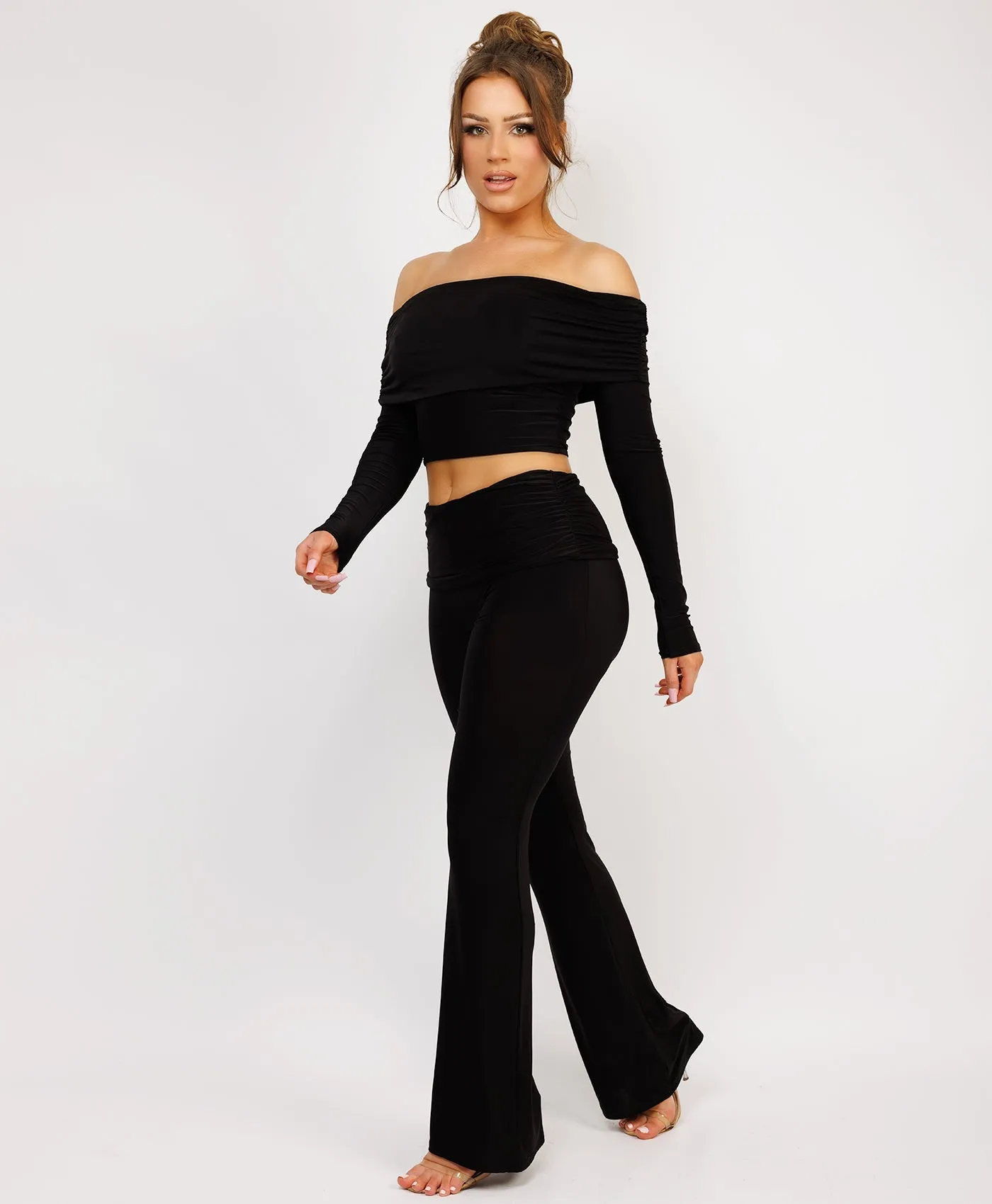 Black Flare Trousers And Off Shoulder Top Fold Detail Set