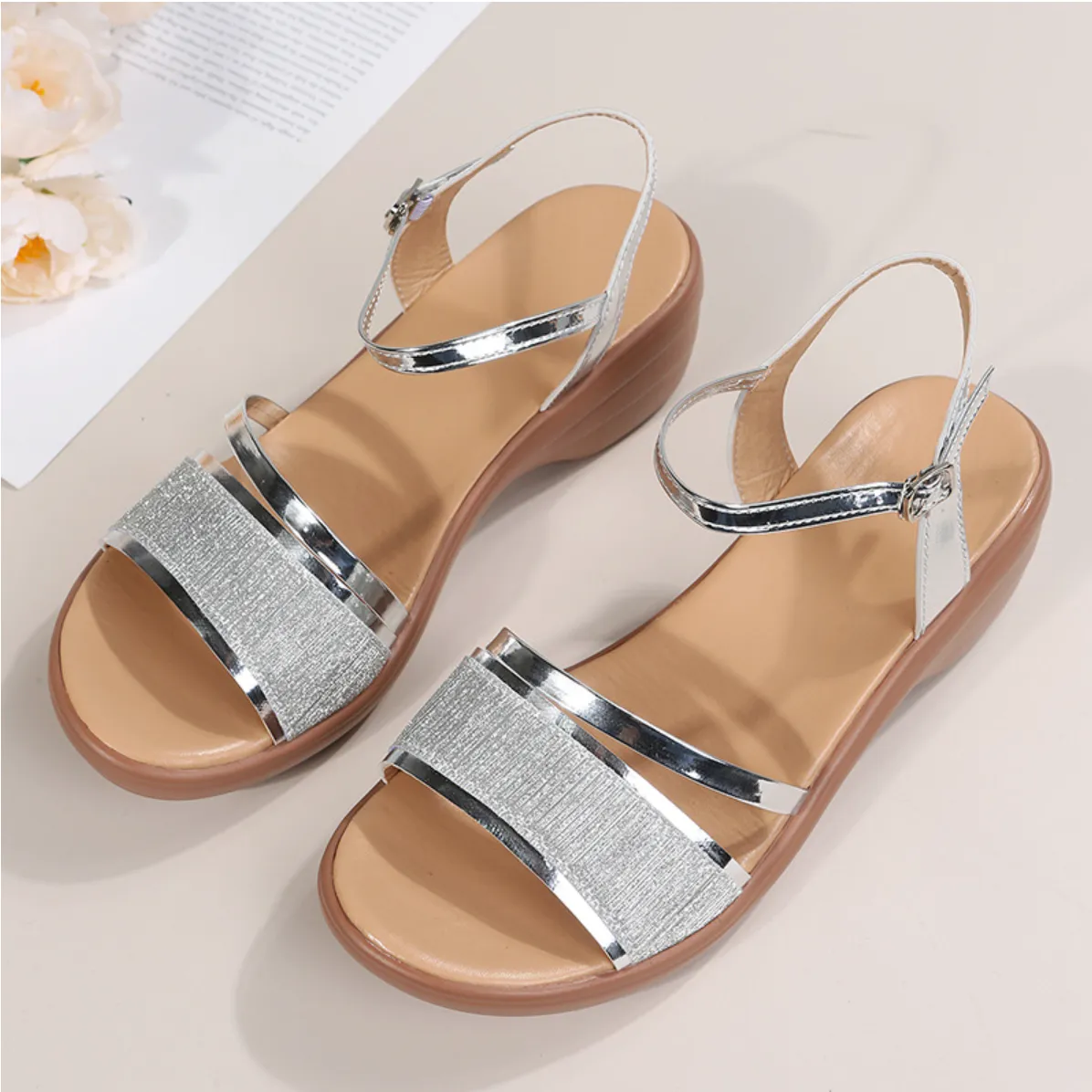 Cuzcare Women Sandal Comfortable Open Toe Sparkly Sandals Fashionable Rhinestone Summer Sandals