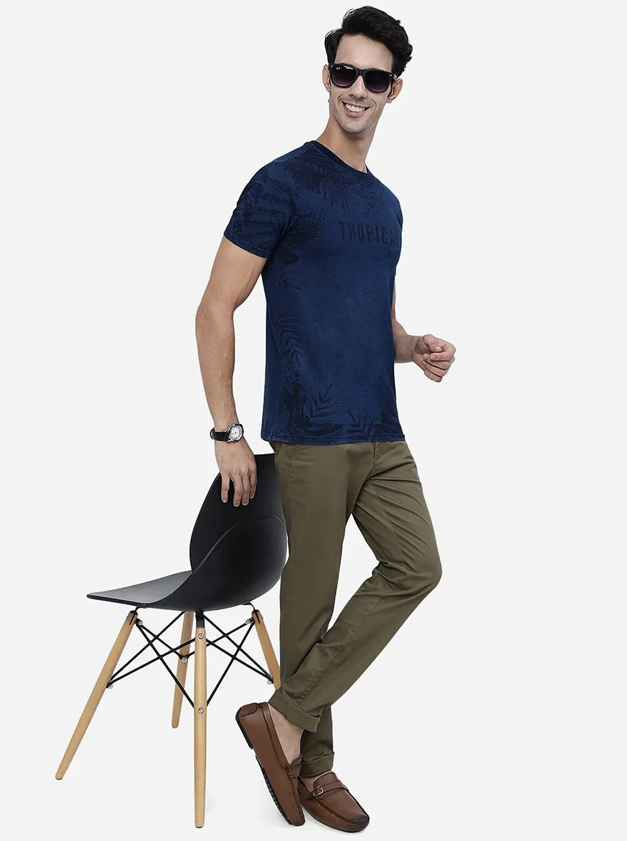 Denim Blue Printed Slim Fit T-Shirt | JadeBlue