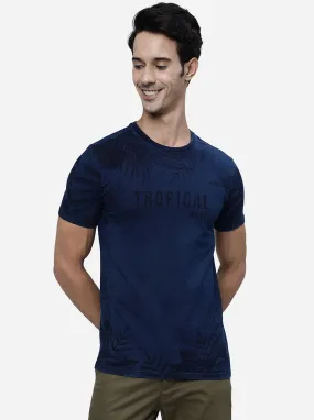 Denim Blue Printed Slim Fit T-Shirt | JadeBlue