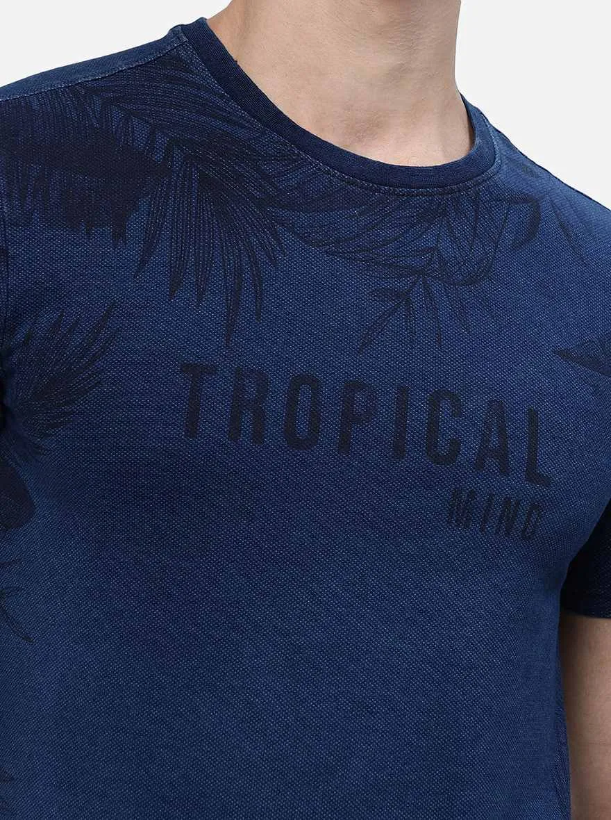 Denim Blue Printed Slim Fit T-Shirt | JadeBlue