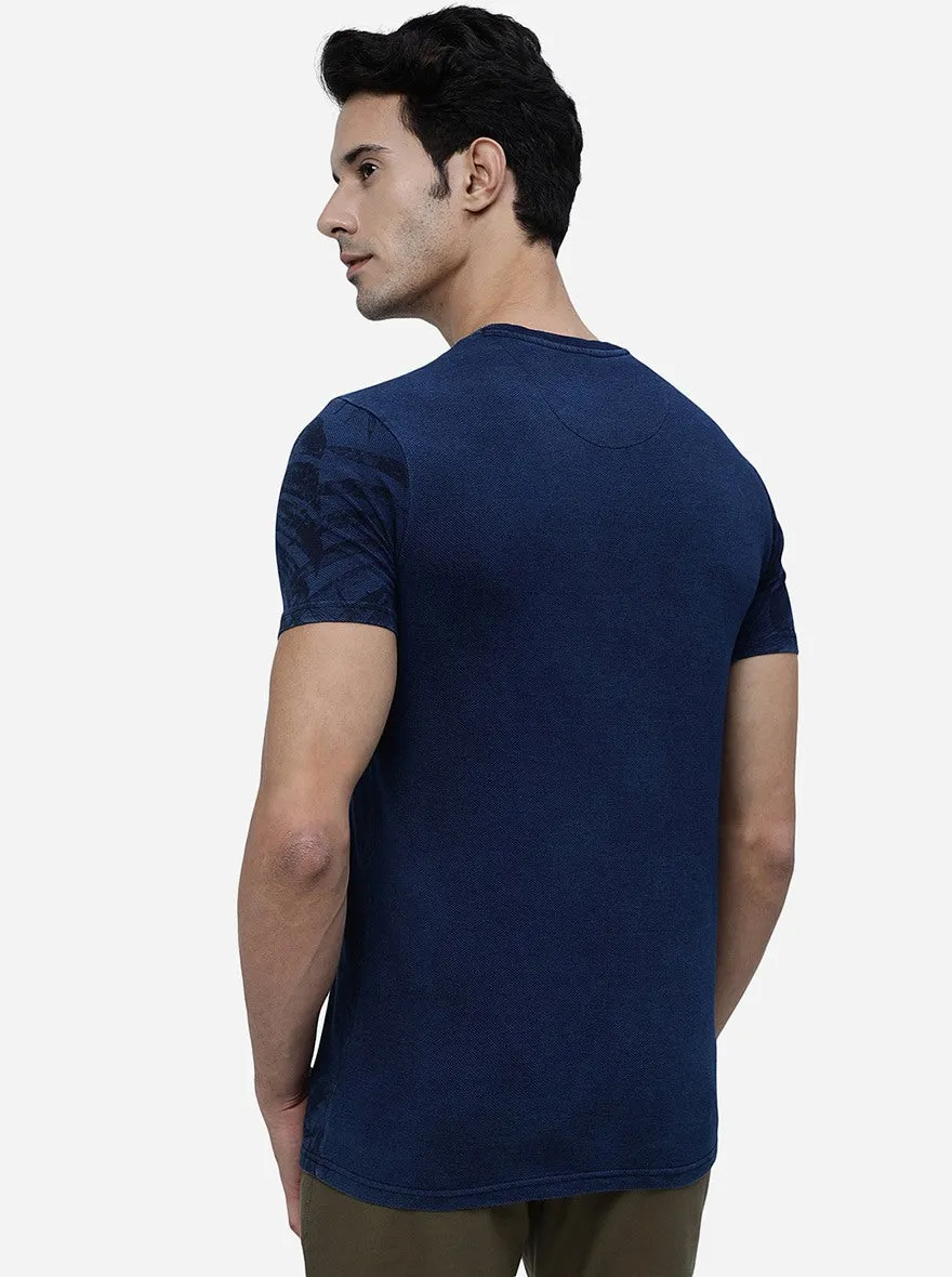Denim Blue Printed Slim Fit T-Shirt | JadeBlue