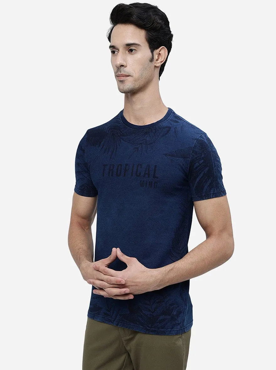 Denim Blue Printed Slim Fit T-Shirt | JadeBlue