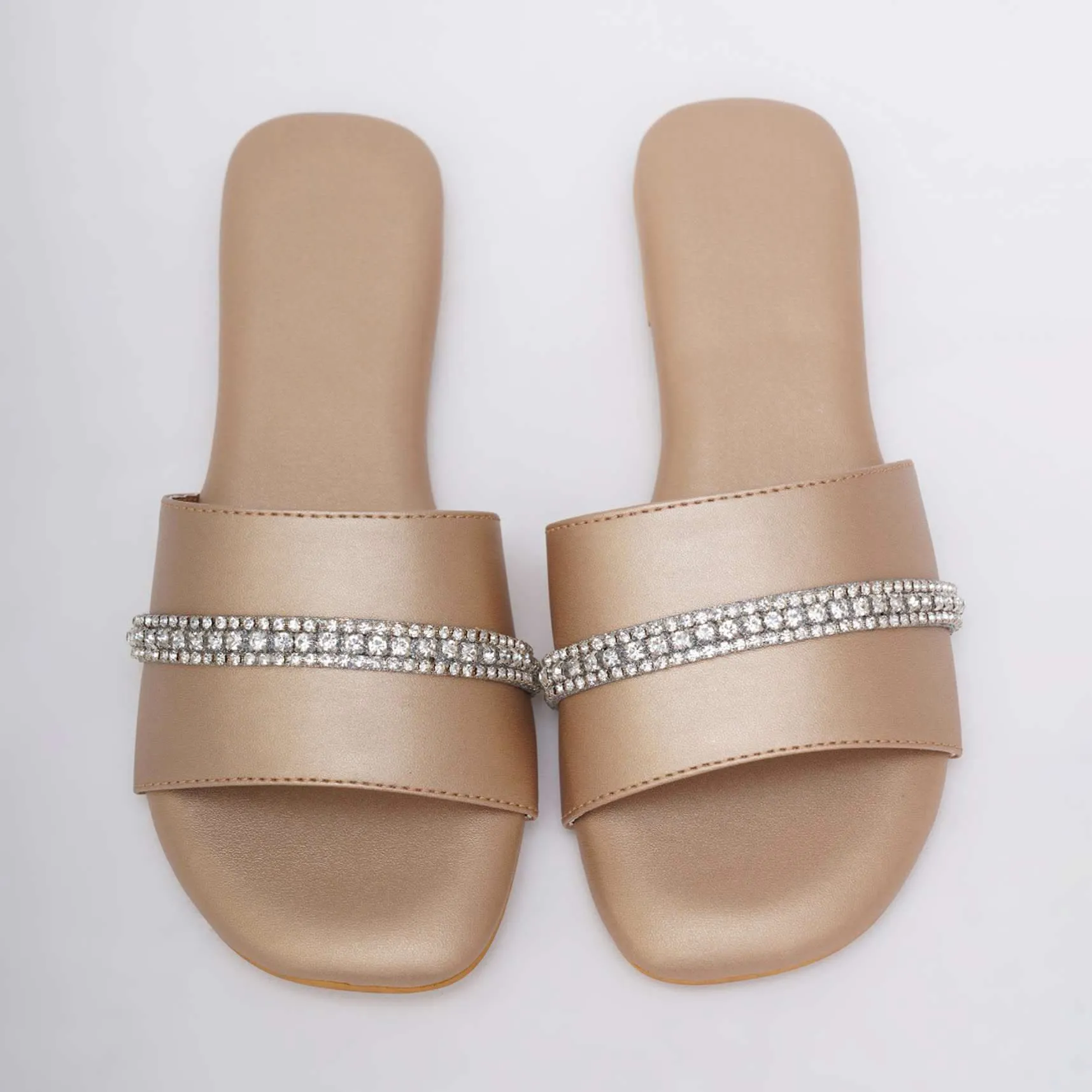 Embroidered Dull Gold Flats In Soft Faux Leather