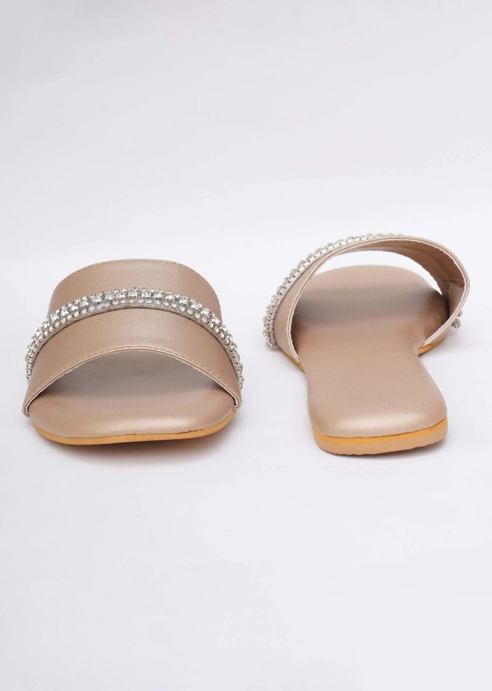 Embroidered Dull Gold Flats In Soft Faux Leather