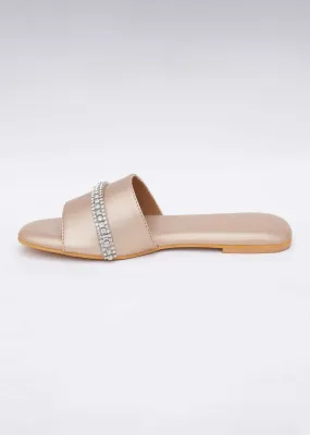 Embroidered Dull Gold Flats In Soft Faux Leather