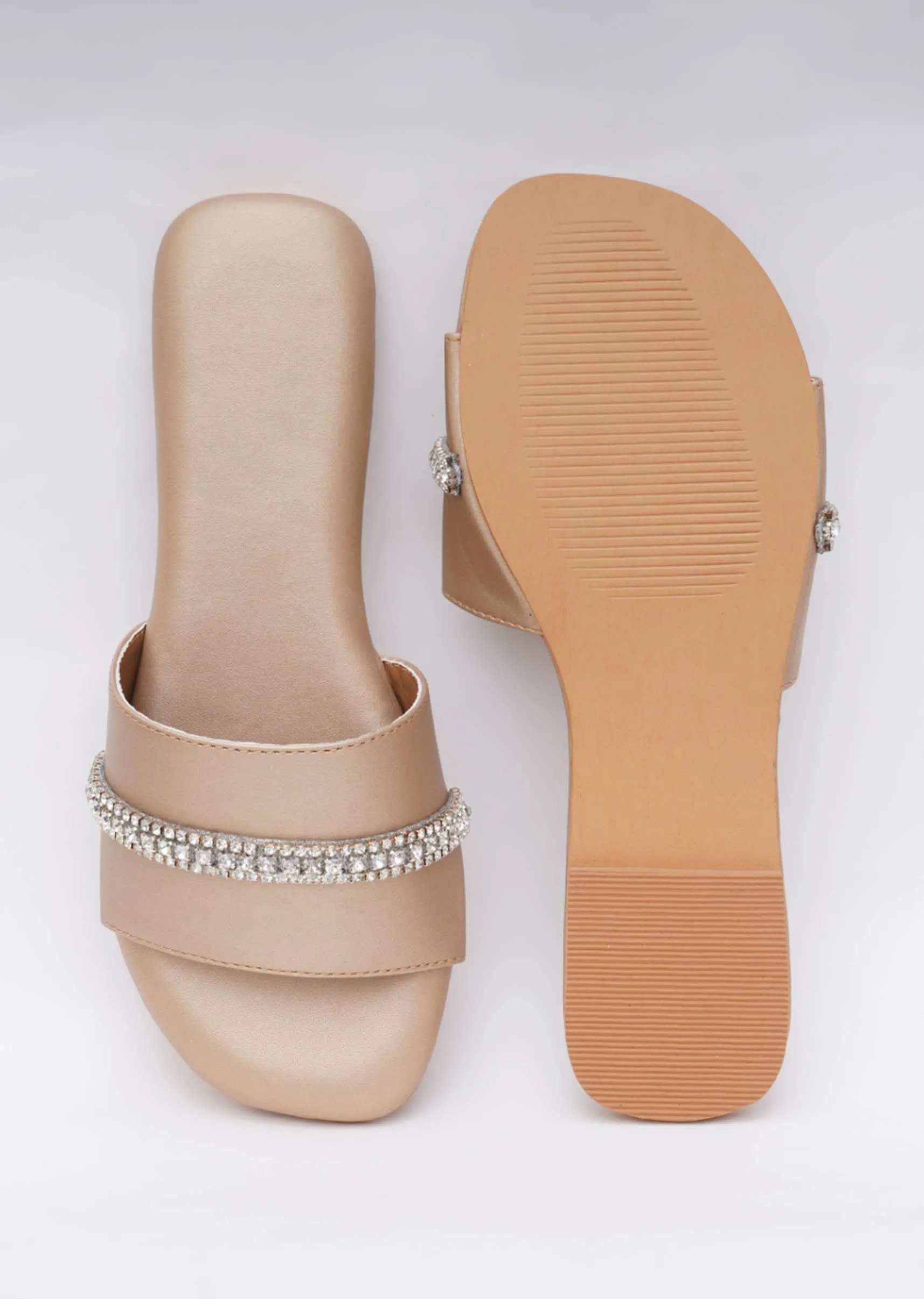 Embroidered Dull Gold Flats In Soft Faux Leather