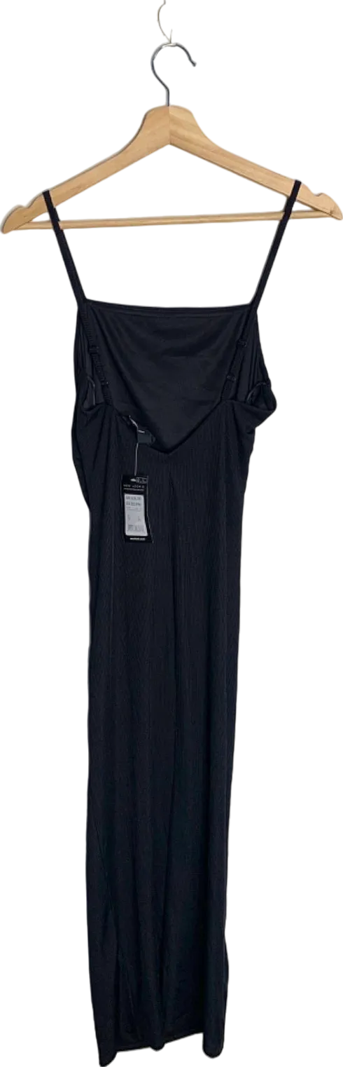 New Look Black Ribbed V-Back Ruched Midi Dress Size 10