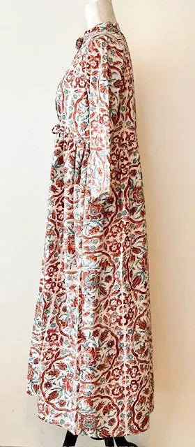 Tailored Floral Block Print Cotton Midi Dress Looks Crisp and Professional (Beige)