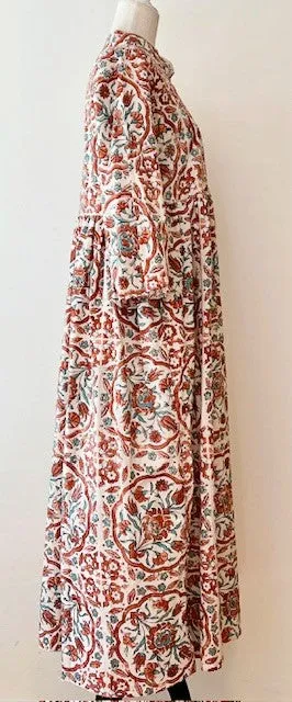 Tailored Floral Block Print Cotton Midi Dress Looks Crisp and Professional (Beige)